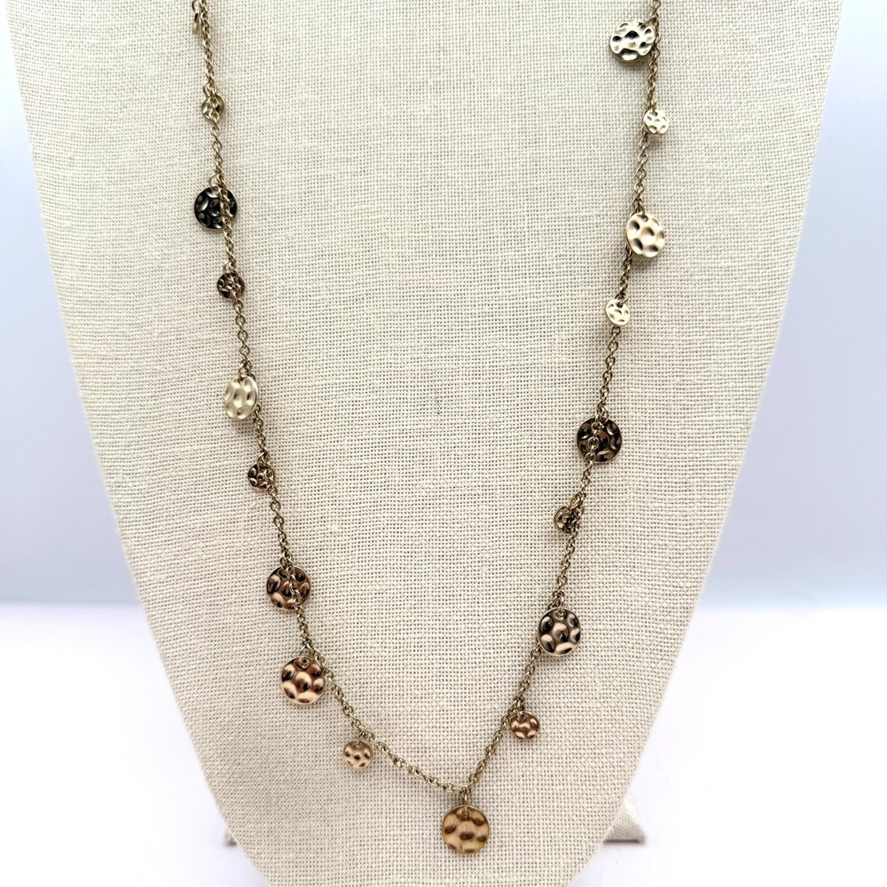 Vintage Gold Tone Long Chain Necklace with Multi Textured Discs